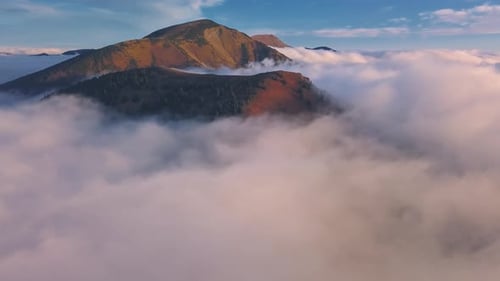 Aerial View Panorama of Misty Carpathian Mountains in Autumn Sunrise Foggy Clouds Nature