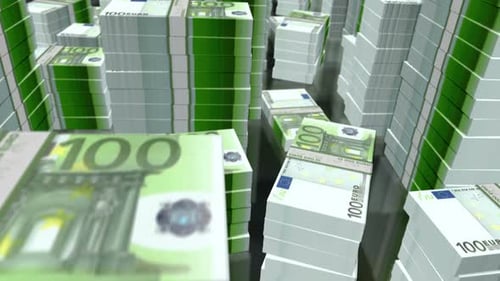 3d flight over the Euro money banknote packs loop animation