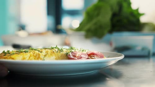 Professional restaurant kitchen, close-up: The chef serves an omelette