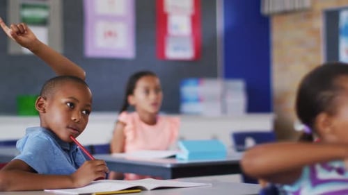 Children Raising Hands in School Classroom