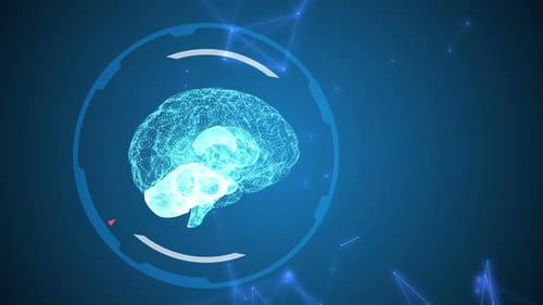 Futuristic AI Brain Scan with HUD and Plexus Technology Background