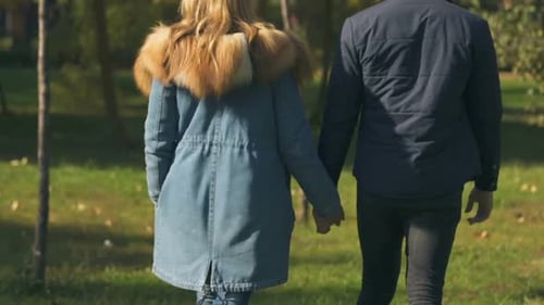 Couple Holding Hands Walking in Autumn Park