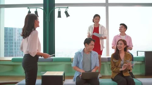 Group woman and man high school students explain and present about program project with teacher