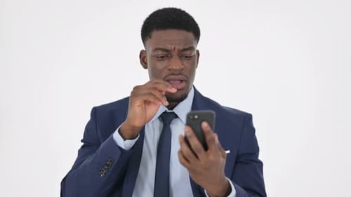 Man in Suit Using Phone, White Background