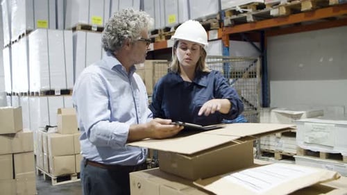Serious Bearded Boss Talking with Female Worker Using Tablet