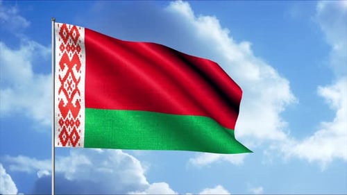 Waving Flag of Belarus Against Blue Sky