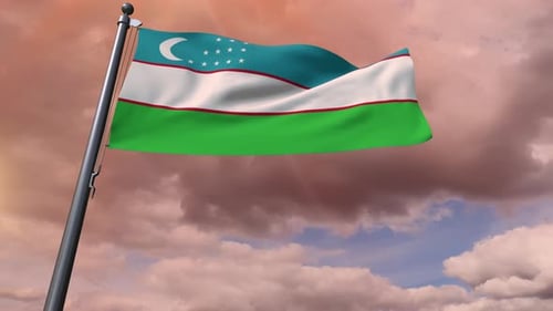 Realistic 3D Uzbekistan Flag Waving in Cloudy Sky