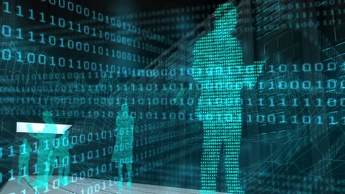 Digitally generated video of binary code and people