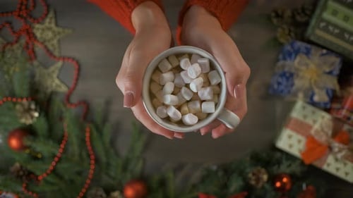 Hands Hold Cocoa with Marshmallows for Christmas