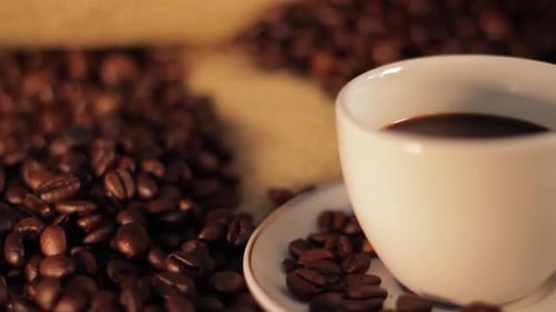 Roasted Coffee Beans and Steaming Cup of Coffee