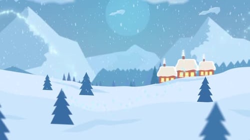 Animated Winter Holiday Landscape with Falling Snow and Cozy Houses
