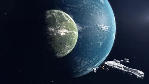 Lush Green Moon Orbiting an Ocean Super Earth - With Spaceship Leaving