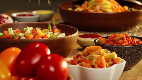 Various Salads and Sauces Presented in Bowls