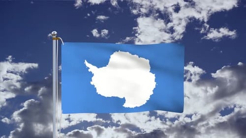 Realistic Antarctica Flag Waving Animation Against Cloudy Blue Sky