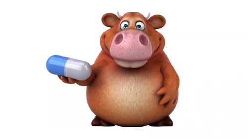 Animated 3D Cartoon Cow Holding Pill and Pointing
