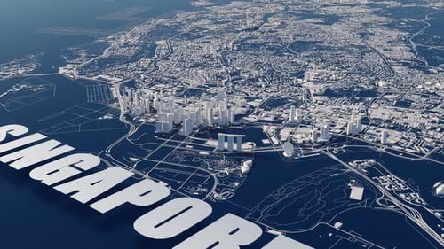 Ciudad de Singapur. Animación estilizada de la vista de la ciudad desde una altitud de crucero