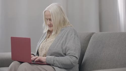 Side View of Old Caucasian Woman with Grey Hair Typing on Laptop Keyboard Sitting on Cozy Couch in