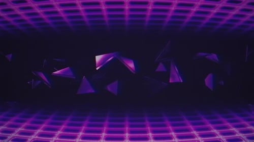 Retro Glowing Grid Background with Abstract Geometric Shapes