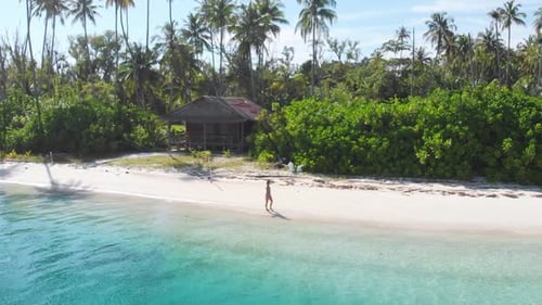 Aerial slow motion: lady walking on tropical beach at sunset, away from it all