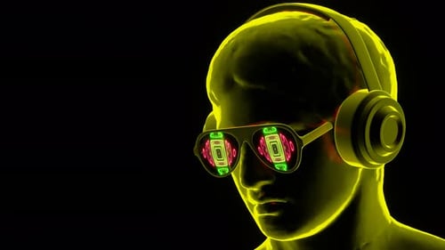 Neon Man with Headphones and Dynamic Pattern Glasses