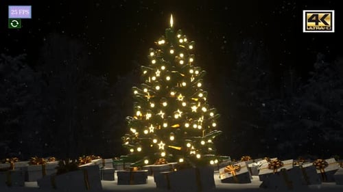 Animated Christmas Tree with Glowing Lights and Presents in Snowy Forest