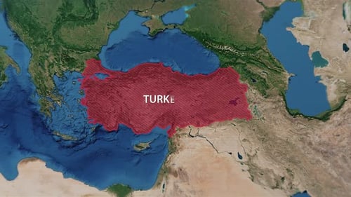 Digital Earth Map Zoom to Turkey with Outline and Text Reveal