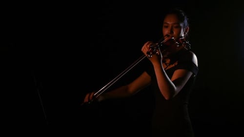 Elegant Woman Plays Violin in Dark Studio