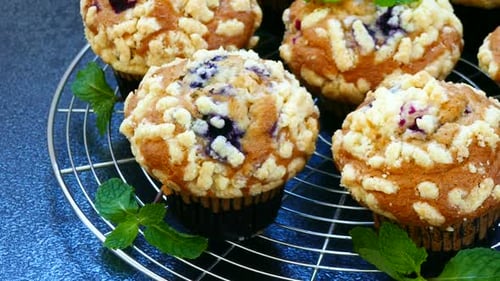 Fresh Blueberry Muffins Cooling on Rack