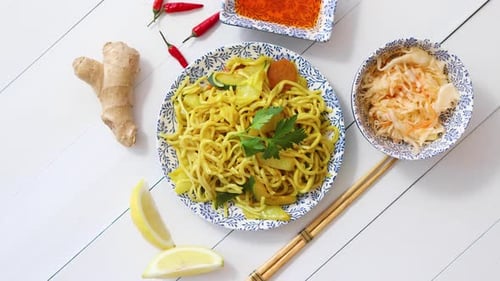 Overhead Shot of Noodles with Vegetables and Ginger