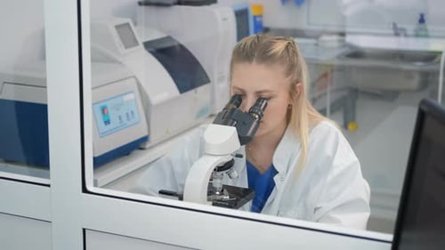 Scientist Working With Microscope in Clinical Laboratory