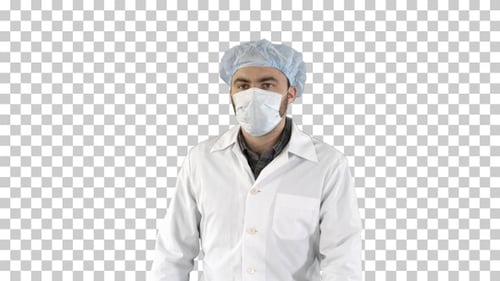 Mature surgery in a mask walking Front view, Alpha Channel
