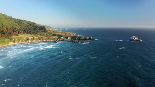 Drone Flying Above Pacific Ocean Shore with Waves and Sea Cliffs, Outdoor