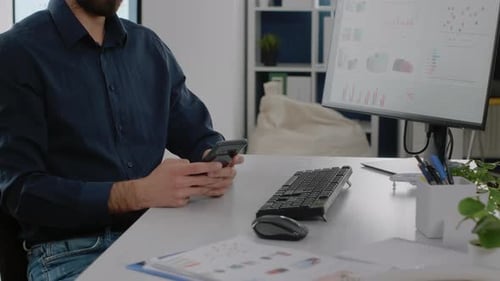Close Up of Businessman Using Smartphone with Touch Screen