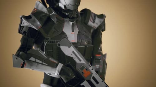 Soldat futuriste en armure d'acier avec le pistolet Cyber Punk