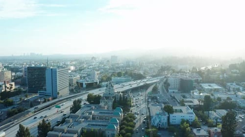 City famous traffic round road junction aerial top view.