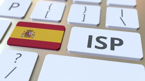 ISP or Internet Service Provider Text and Flag of Spain on Keyboard