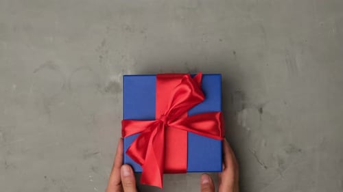 Blue Wrapped Gift with Red Ribbon on Gray