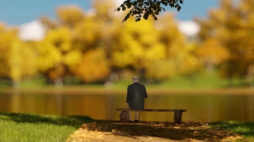 Animated Autumn Park Scene with Old Man on Bench by Lake