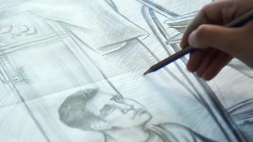 Pencil Drawing of Man and Architectural Element