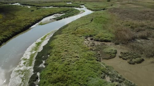 Marsh Swamp With Sky Reflection On Water - aerial drone shot