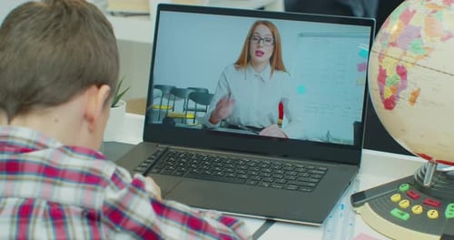 Child Little School Boy Kid Schoolboy Children Using Laptop Computer for Homework at Home
