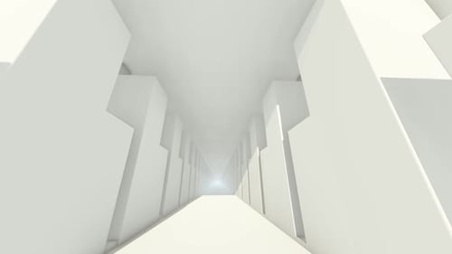 Perspective Abstract Hall Columns in white Room with Camera Zoom In