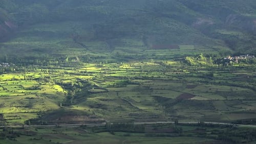 Grands champs de vallée et de collines dans de magnifiques lumières du matin