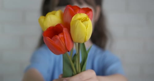 Girl Smelling Bouquet of Red and Yellow Tulips