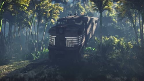 Cinematic Abandoned Train in Overgrown Tropical Jungle