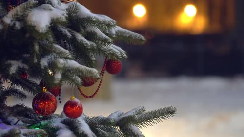 Snow Covered Christmas Tree with Red Ornaments