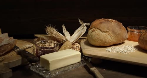 Loaves of freshly baked bread on table