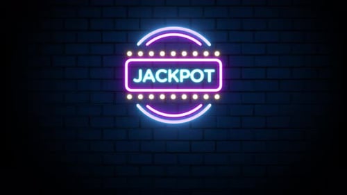 Sinal de néon do cassino jackpot no fundo da parede de tijolos 4K