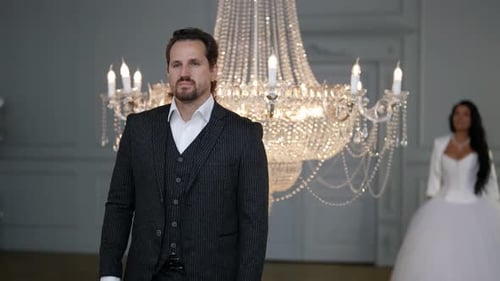 Handsome Man in Wedding Suit is Waiting His Bride in Luxury Hall Happy Wedding Day