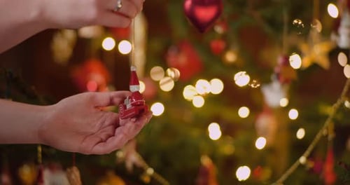 Woman Holds Christmas Ornament Near a Decorated Tree